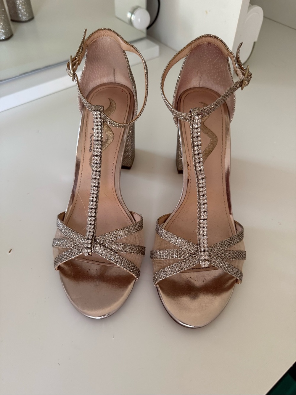 Nina Rose Gold T-Strap Rhinestone Block Heel Sandals